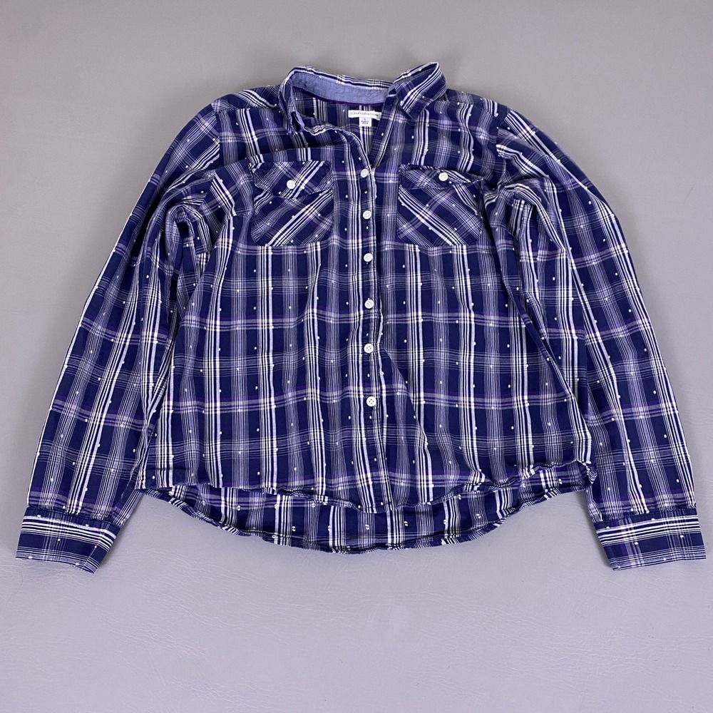 Croft & Barrow Button Up Shirt Womens Large Blue Purple Plaid Clip Dot Cotton